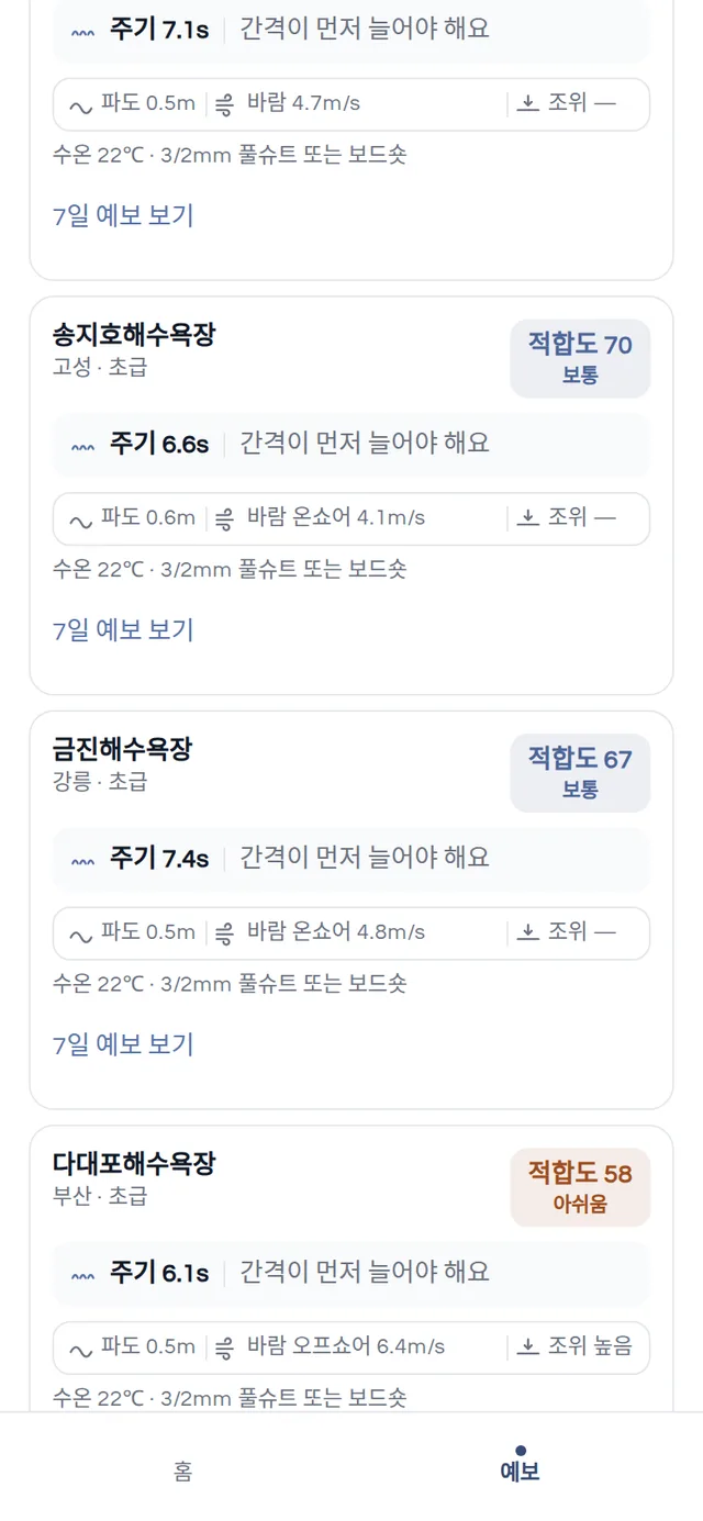 surfwith 전국 스팟 예보 목록 화면